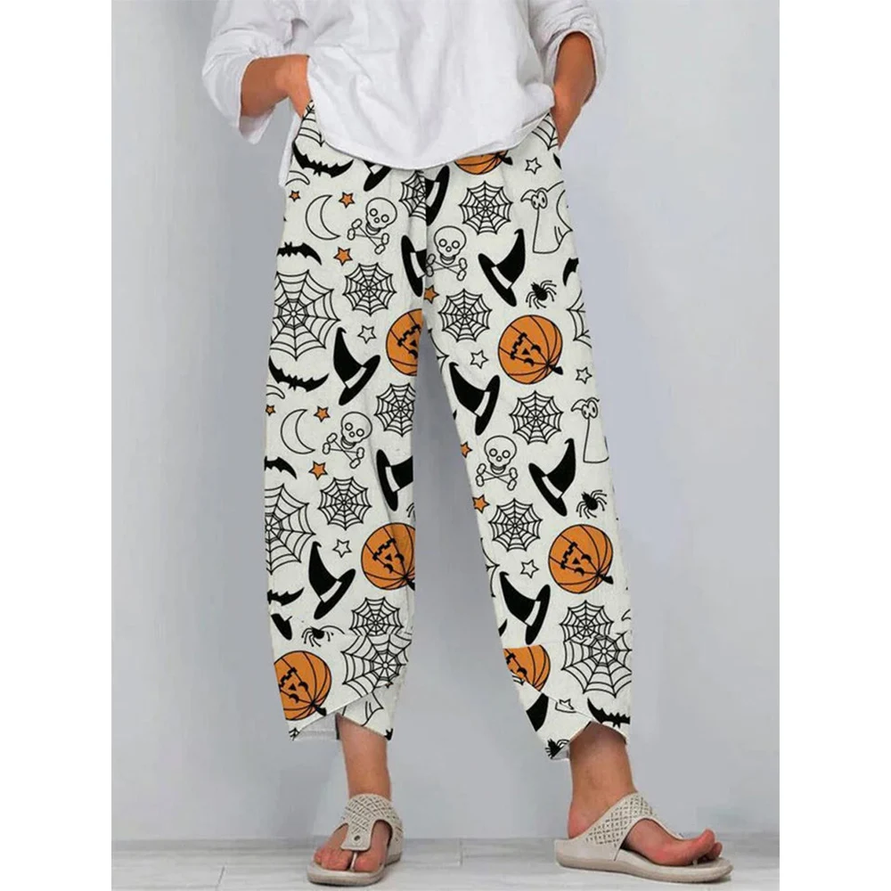 

CLOOCL Halloween Pants Women All-match Loose Casual Pockets Skull Pumpkin Spider Web Print Ankle-length Pants Hip Hop Y2k