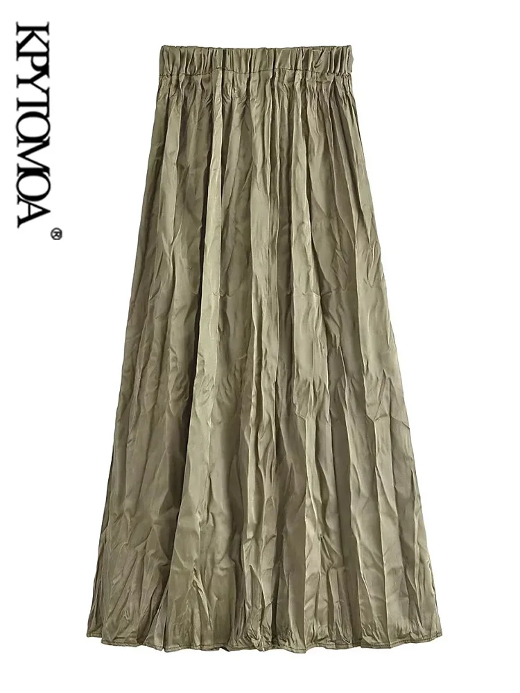 

KPYTOMOA Women Fashion Pleated Satin Midi Skirt Vintage High Waist With Elastic Waistband Female Skirts Mujer