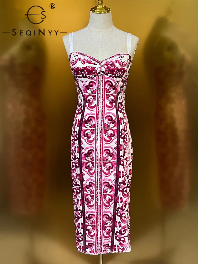 SEQINYY Silk Dress Summer Spring New Fashion Design Women Runway High Quality Vintage Flowers Print Strapless Sicily Slim