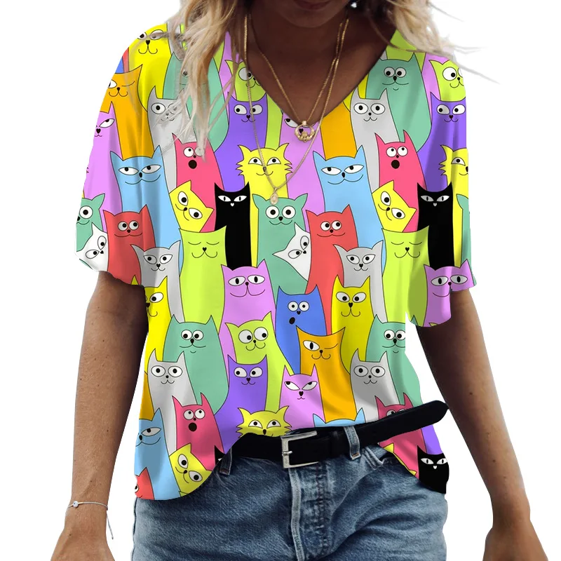 

Women's V Neck T-shirts Graphics Cute Cats 3d Print Short Sleeve Summer Kawaii Fashion Casual Tee Shirts Funny Female Clothes