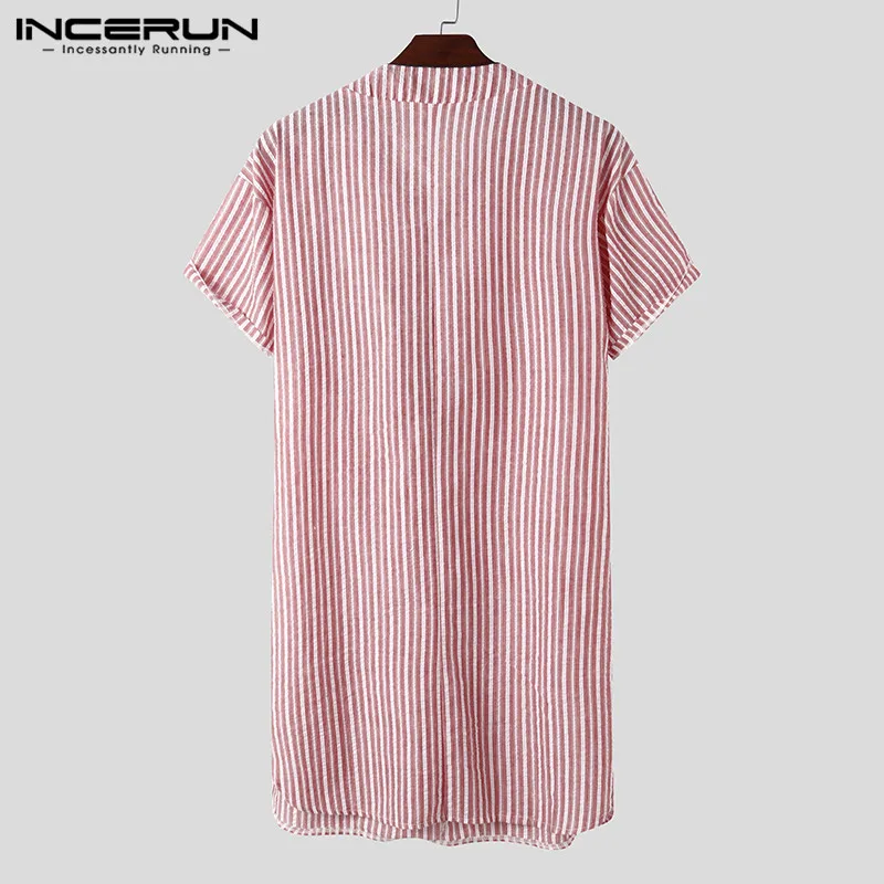 INCERUN Men Striped Sleep Robes Nightgown Short Sleeve V Neck Cotton Homewear 2020 Breathable Men Dressing Gown Cozy Bathrobes