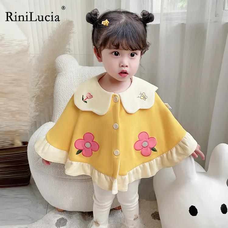 

RiniLucia Baby Girl Floral Cloak Autumn Winter New Children Lapel Coat Newborn Girls Embroidery Warm Outerwear Infant Cape