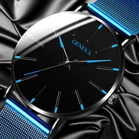 2022 geneva minimalist watch men ultra thin blue stainless steel mesh belt watches man business casual quartz wrist watch