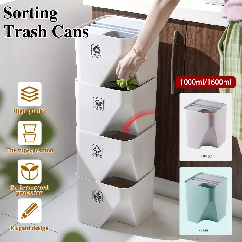 

Household Trash Can Stackable Stacked Sorting Ashcan Recycling Bin Kitchen Dry Wet Separation Ashbin Rubbish Bin for Bathroom