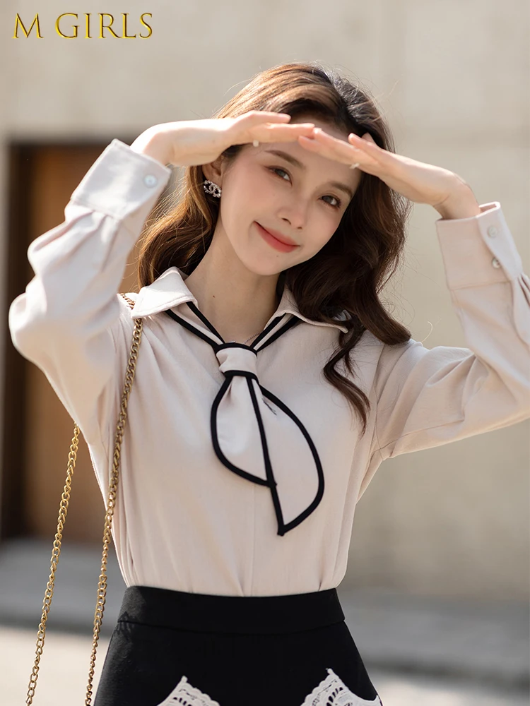 

M GIRLS Elegant Shirt for Women Spring 2022 Long Sleeve New Office Lady Fashion Shirts With Ribbon Female Blouse