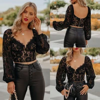 2021 y2k brown see through tops lace sexy v neck cropped tees flared indie fall new aesthetics transparent long sleeve t shirt