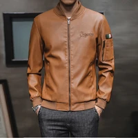 mens fashion baseball uniform stand collar pu leather jacket autumn and winter motorcycle jacket faux leather coat men