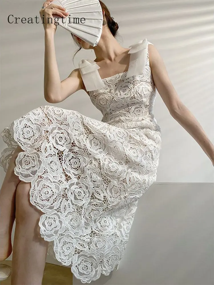 

Элегантные кружева Hollow Out Вечернее платье миди Для женщин 2023 Лето Новый белый квадратный шеи без рукавов тонкий высокая талия платья 1B185