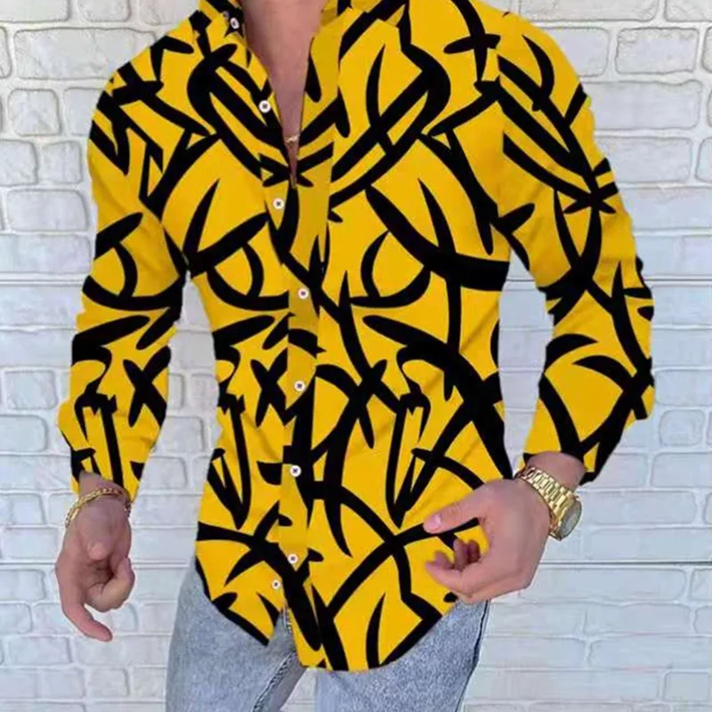 2022 New European American Men's Shirts Red Long Sleeved Man Print Casual Shirt Single-breasted Lapel Male Cardigan Shirts