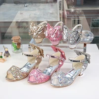 2022 summer girl sandals with high heel butterfly princess crystal fish mouth shiny kids sandals gold sliver pink size 26 37