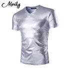 Футболка мужская блестящая металлик, повседневная приталенная, с V-образным вырезом, модная рубашка для ночного клуба, топ в стиле хип-хоп, золотистаясеребристая