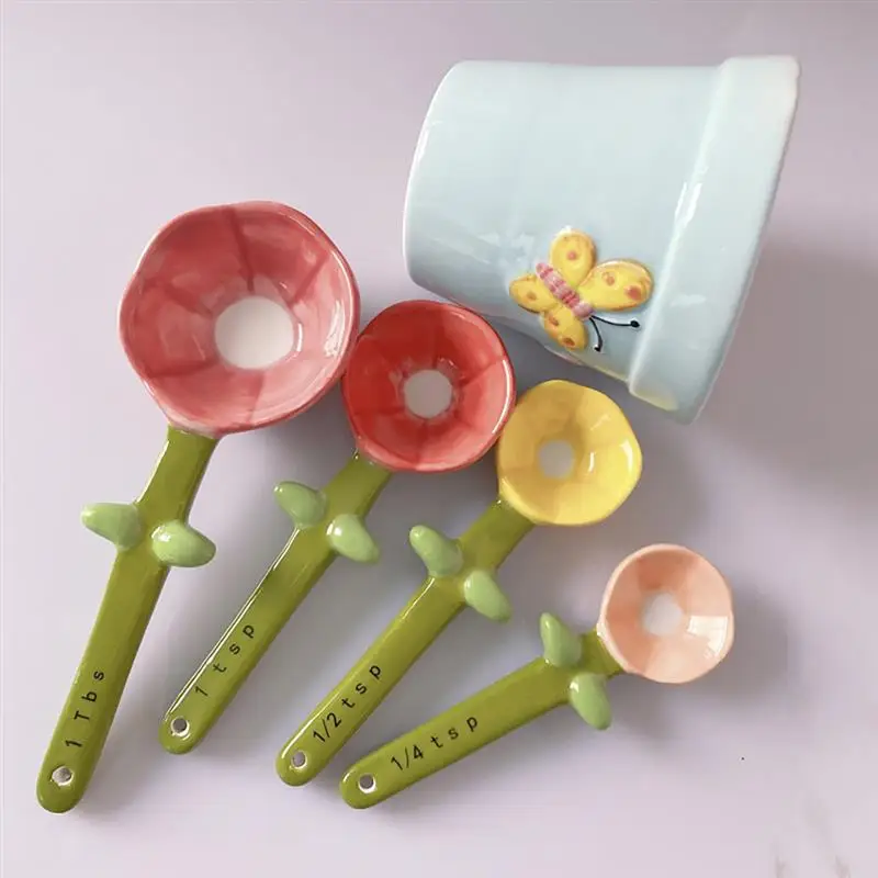 

4Pcs Flower Cactus Ceramic Measuring Spoon Baking Food Scale Household Kitchen Salt Sugar Spoon With Base Cute Kitchen Supplies