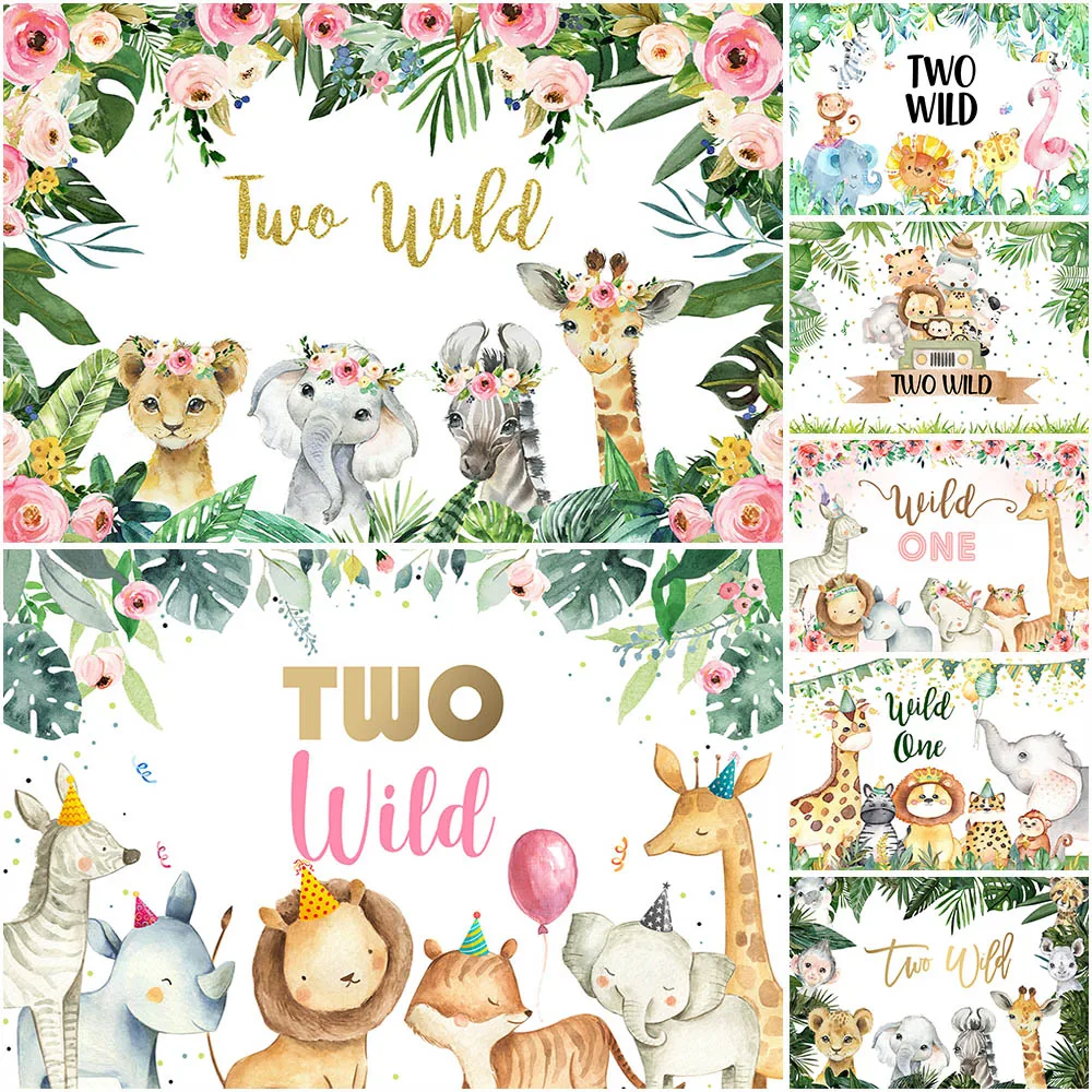 Mocsicka Girl Two Wild Backdrop Jungle Safari Animals 2nd Birthday Photography Background Cake Dessert Table Decor Banner