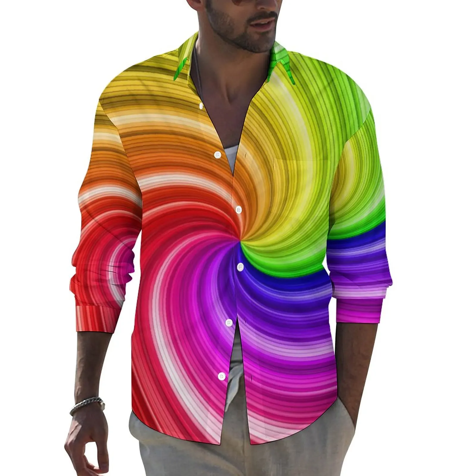 

Rainbow Swirl Art Stylish Casual Shirt Man Colorful Tie Dye Shirt Spring Novelty Blouses Long Sleeve Design Oversized Clothes