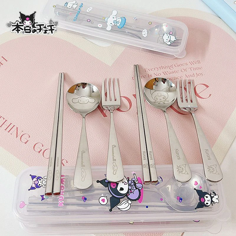 

Kawaii Sanrio Tableware Suit Kuromi Cinnamoroll Cartoon Student Have A Meal Spoon Chopsticks Stainless Steel Toys For Girls