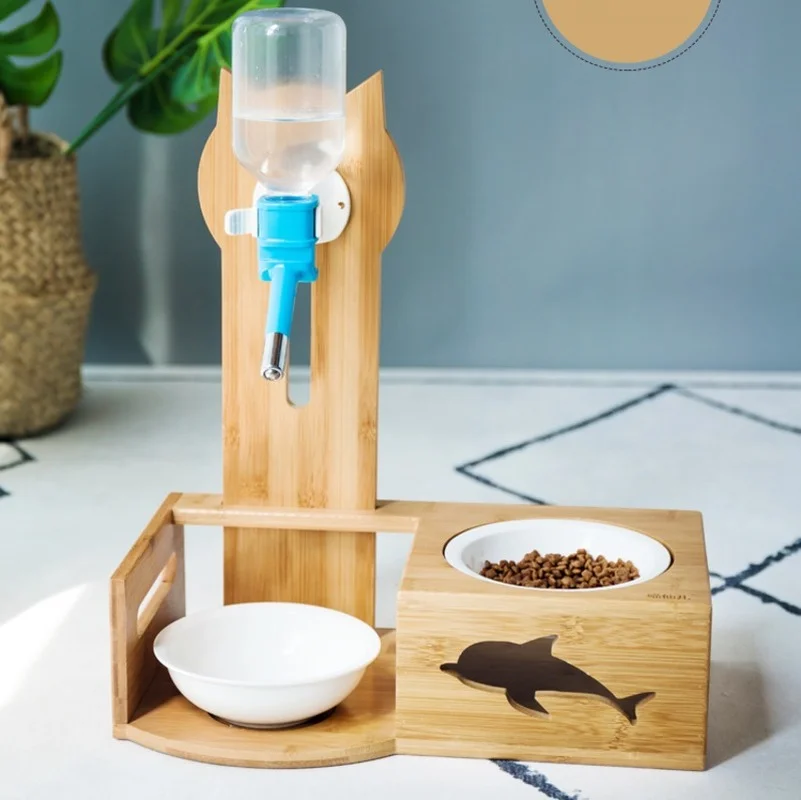 

Solid Wood pet Automatic water dispenser Adjustable height Cat Drinking Bottle dog cat Feeder Pet dining table with Bowls CW114