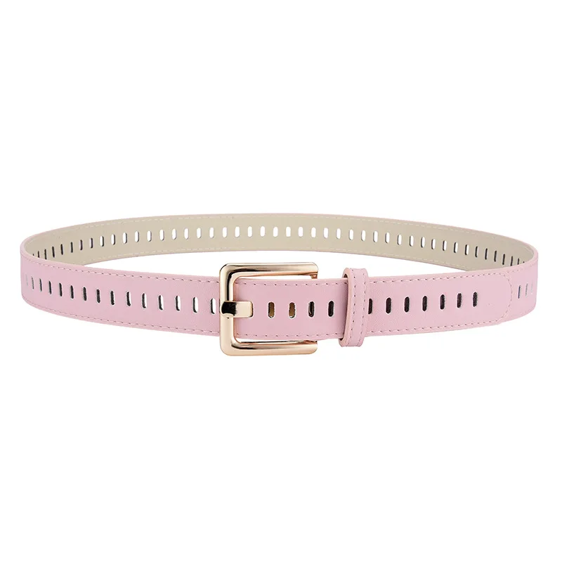 New Women PU Leather Belt Full Hole Hollow Out Square Buckle Belts for Girls Simple Retro Waistbelts Jeans Dress Thin Waistband