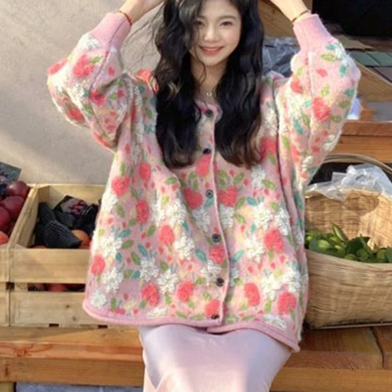 Новый японский и корейский Ретро ленивый стиль розовый свитер с цветами для