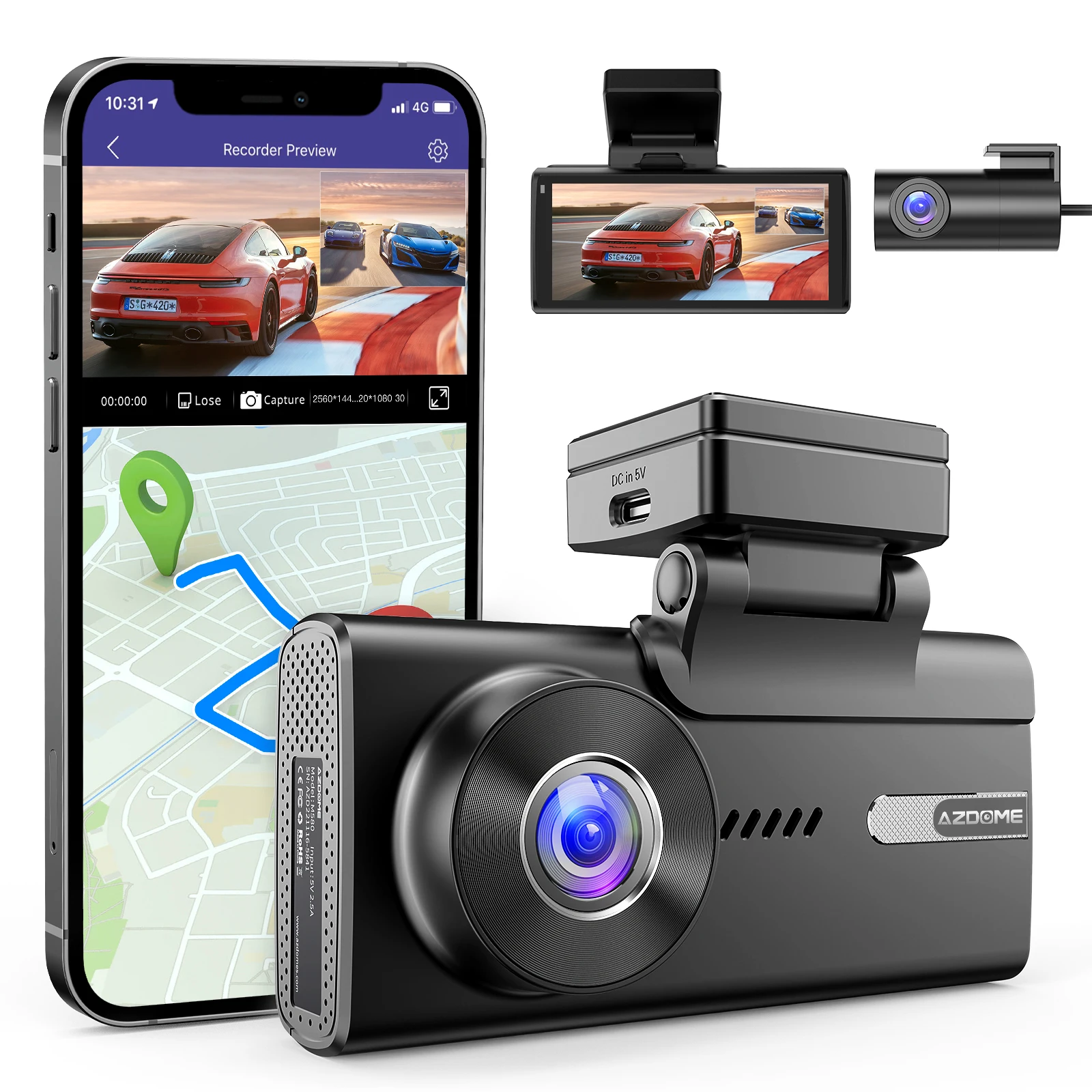 Видеорегистратор AZDOME с поддержкой GPS 5K 2 4 ГГц и заднего вида