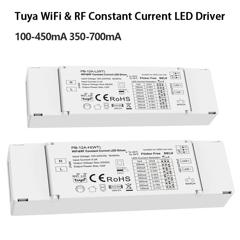 Приглушаемый светодиодный драйвер Tuya Wi-Fi + RF, светодиодный драйвер постоянного тока, 9-45 В, 100-450 мА, 350-700 мА, умное управление с помощью приложения, голосового приложения, Alexa, Google