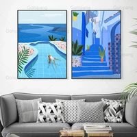 blue abstractionism landscape canvas painting blue swimming pool and street art poster living room home wall decoration picture