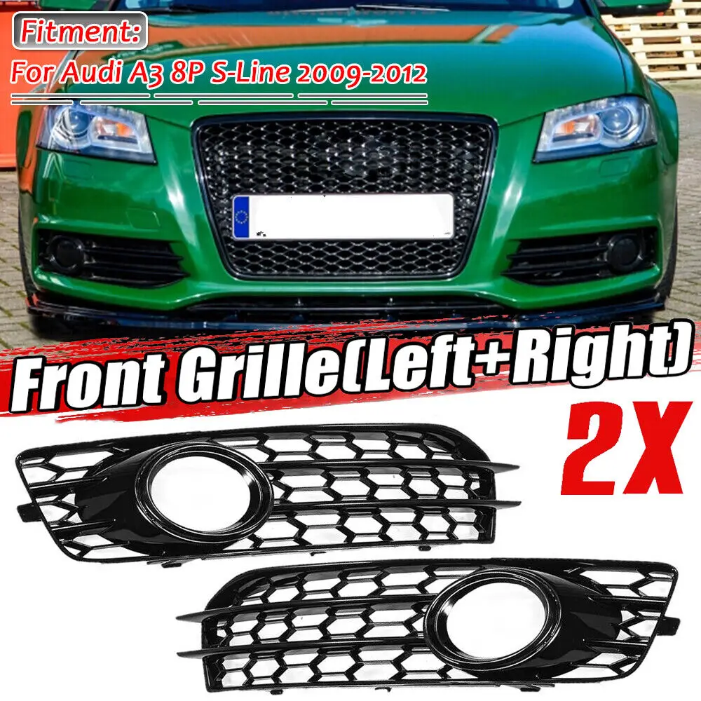 

Pair Gloss Black Car Front Fog Light Lamp Cover HONEYCOMB Front Grille Grill For Audi A3 8P S-Line 2009-2012 8P0807682 8P0807681