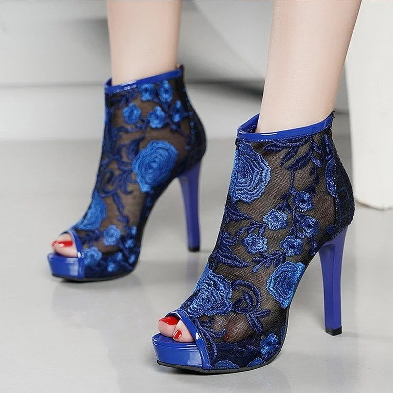 

Mesh Sandals Women Lace High Heels Peep Toe Flower Embroidery Shoes Woman Black Sandals Ladies Shoes shoe for women