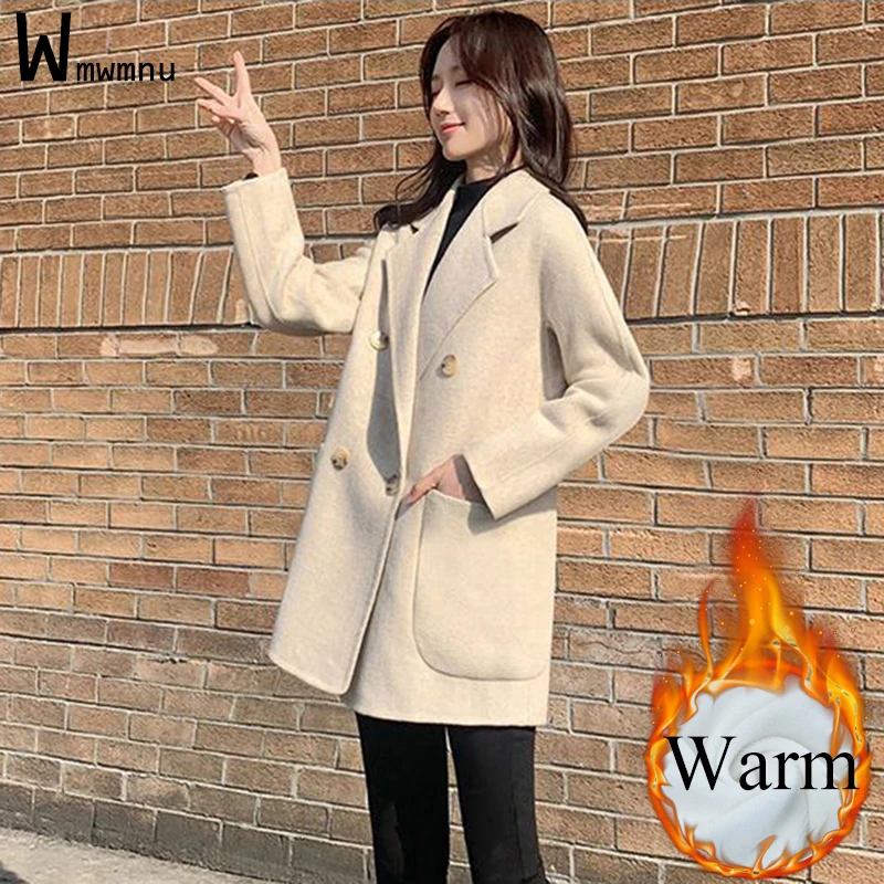 

Однотонное утепленное шерстяное пальто средней длины, женское осенне-зимнее базовое классическое пальто большого размера 75 кг с лацканами, свободная теплая Повседневная Верхняя одежда