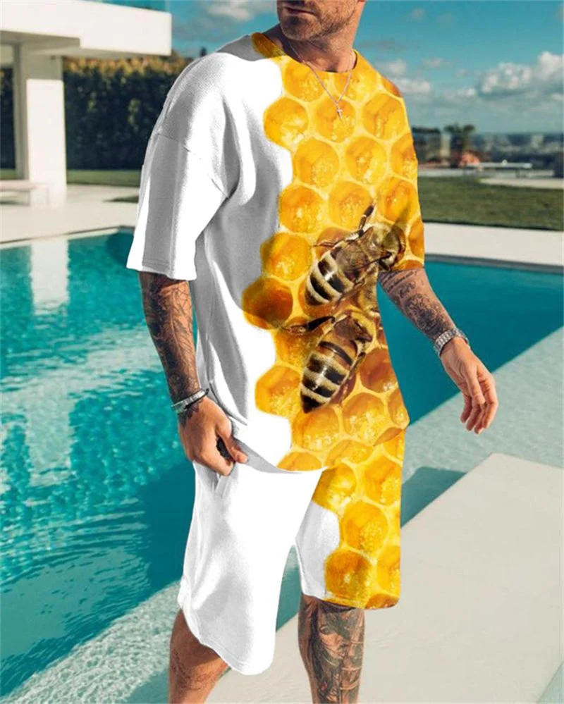 

Лето 2022, Мужская футболка и шорты в ретро стиле из двух частей с трендовым принтом, костюм для мужчин и женщин