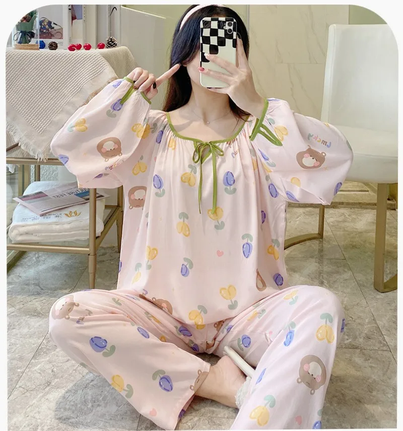 Korean Version Of Student Home Cloths Long-sleeve Cotton Silk Suit Garden Collar Casual Breathable Women's Wear 2023 New Edition