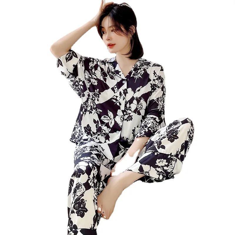 2023 Spring Ice Silk Pajamas Women's Long-Sleeved Suit Palace Style Summer Thin plus Size Homewear