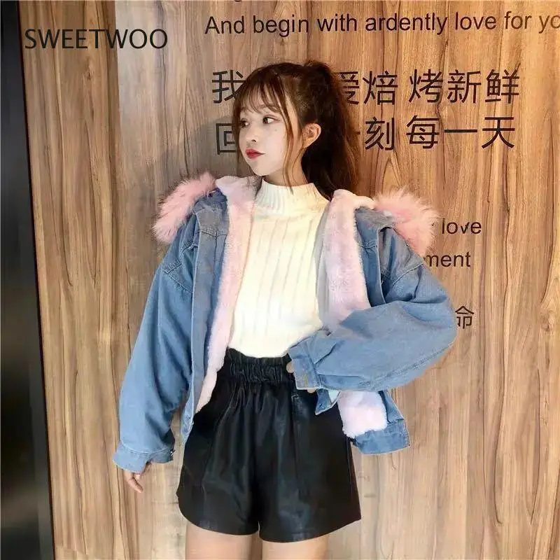 Plus Velvet Thickening Denim Jacket Winter Warm Hooded Fur Collar Single-Breasted Jackets Casual Warm Lambswool Streetwear Parka