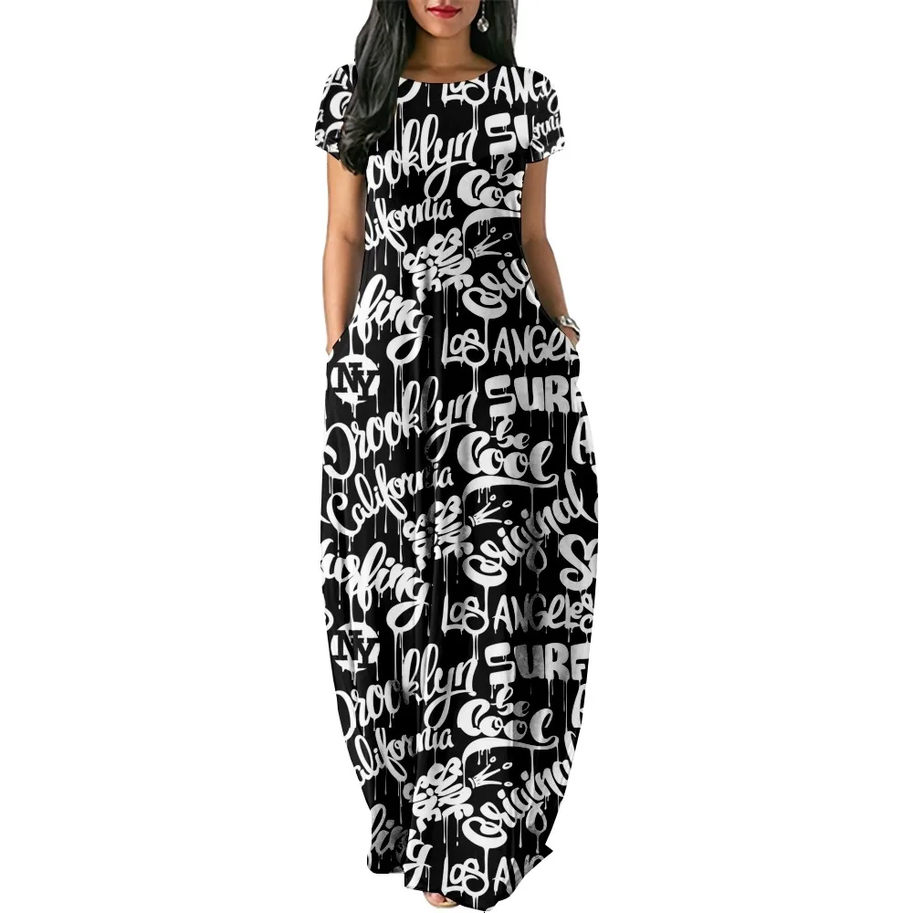 

Summer Leisure Surf Style Print Women Casual Short Sleeve Dress Loose Long Double Pocket Dress Women Dress