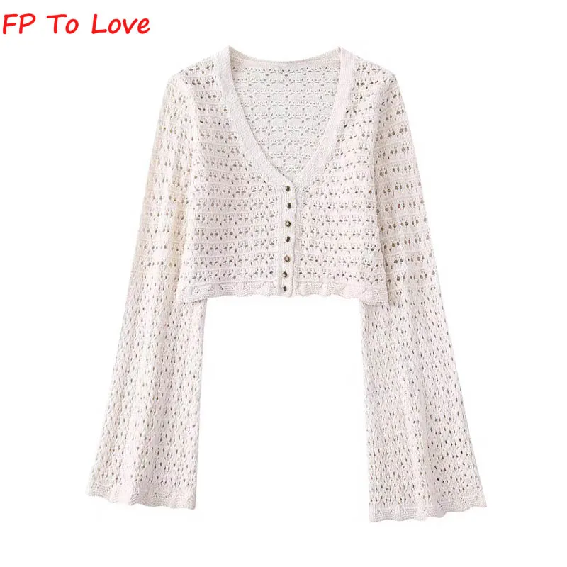 

FP To Love Woman Beige Single Breasted Knit 2022 Summer Chic Button Cardigan Crochet Cutout V-Neck Top