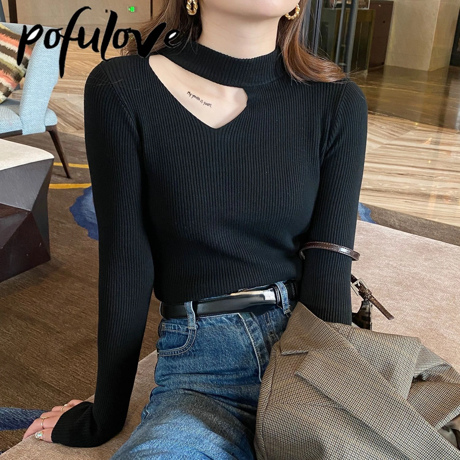 

Half Turtleneck Sweater Women Hollowed Out Collarbone Halter Knitwear Slim Long Sleeved Pullover Sexy Solid Color Basic Jumper