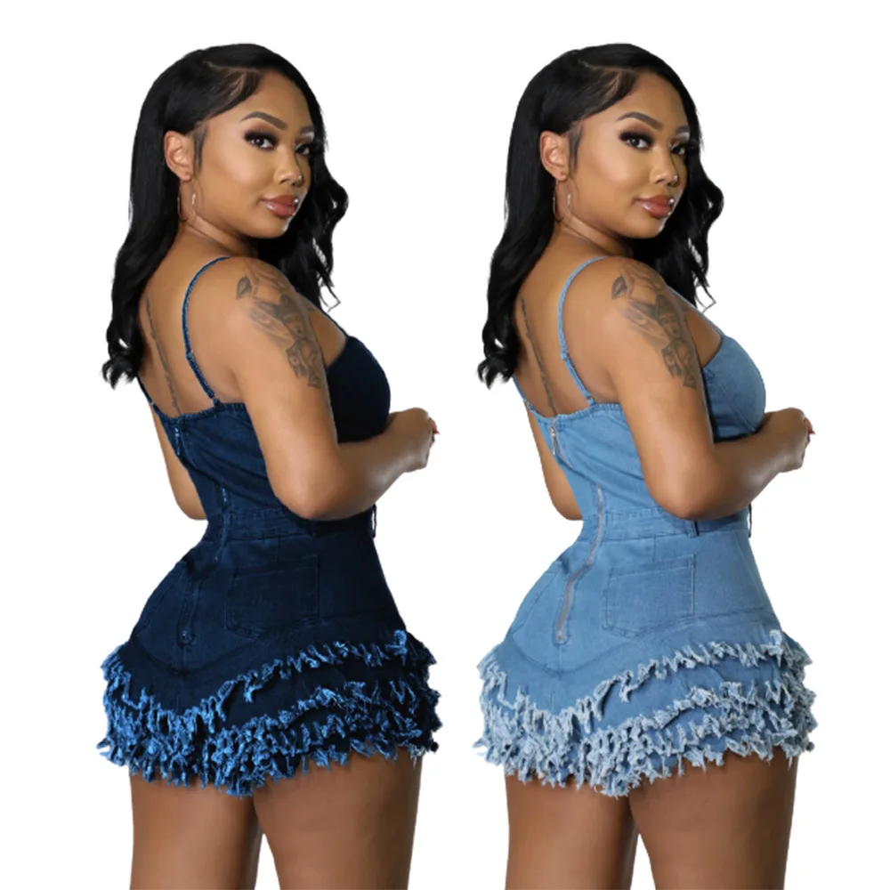 Sexy Spaghetti Strap Jeans Jumpsuit Women Fashion Denim Bodycon Blue Romper Bodysuits Pleated Slim Club Outfits Tassels Playsuit