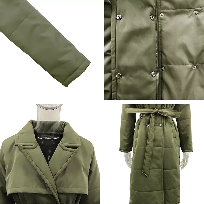 2022New Long Turn Down Collar Parkas Women Fashion Double Breasted Coats Women Elegant Tie Belt Cotton Jackets Female Ladies