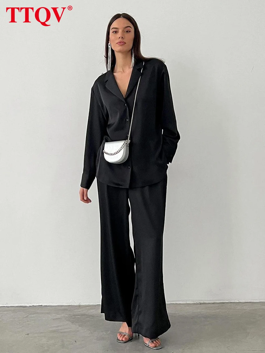 

TTQV Elegant Black 2 Piece Sets Women Outfit Casual Lapel Single-breasted Shirts And Straight Full Length Pants Sets Streetwear