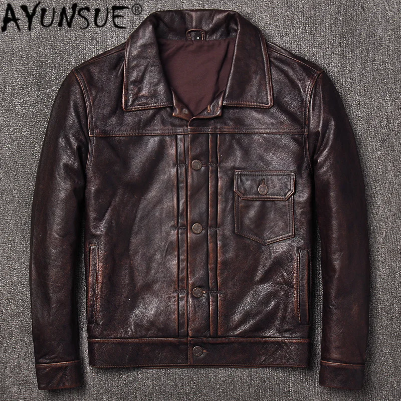 

Vintage High quality 1723 AUNSUE Coats of for material Real Moto&Biker Cow Leather 2023 Spring Slim New Jacket Men Style