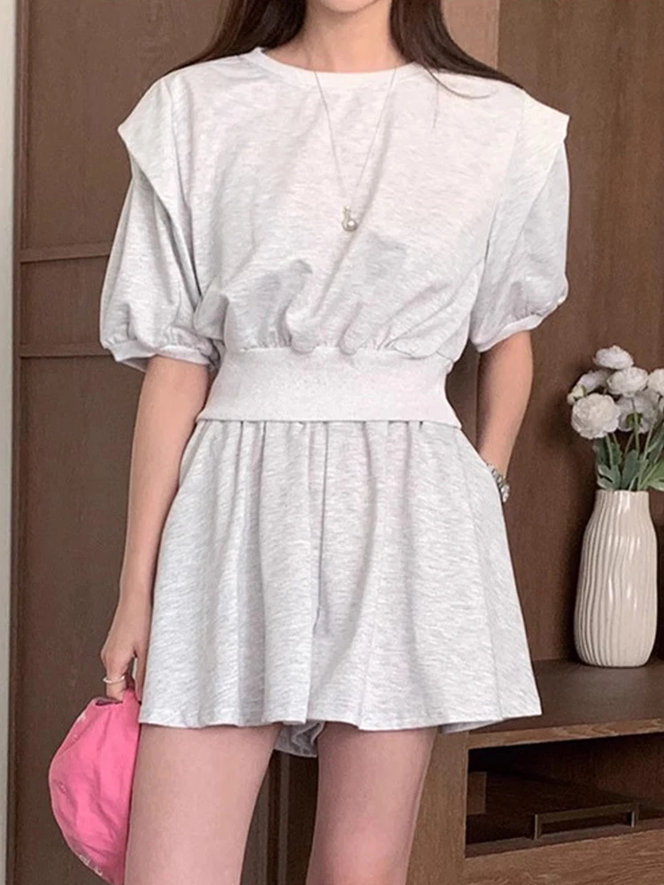 South korea Chic Summer Versatile Puff sleeve Short Hoodie + High Waist Wide Leg Casual Shorts Two-piece Set Women
