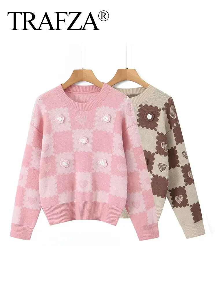 

TRAFZA Autumn Flower Knot Decoration Round Neck Women's Casual Sweaters Fashion Square Women's Pullover Sweater Knitting