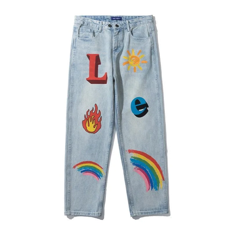 2022 Jeans Rainbow Graffiti Print Washed Jeans Men's Tide Brand Wide-leg Straight-leg Loose All-match Hip-hop Street Trousers