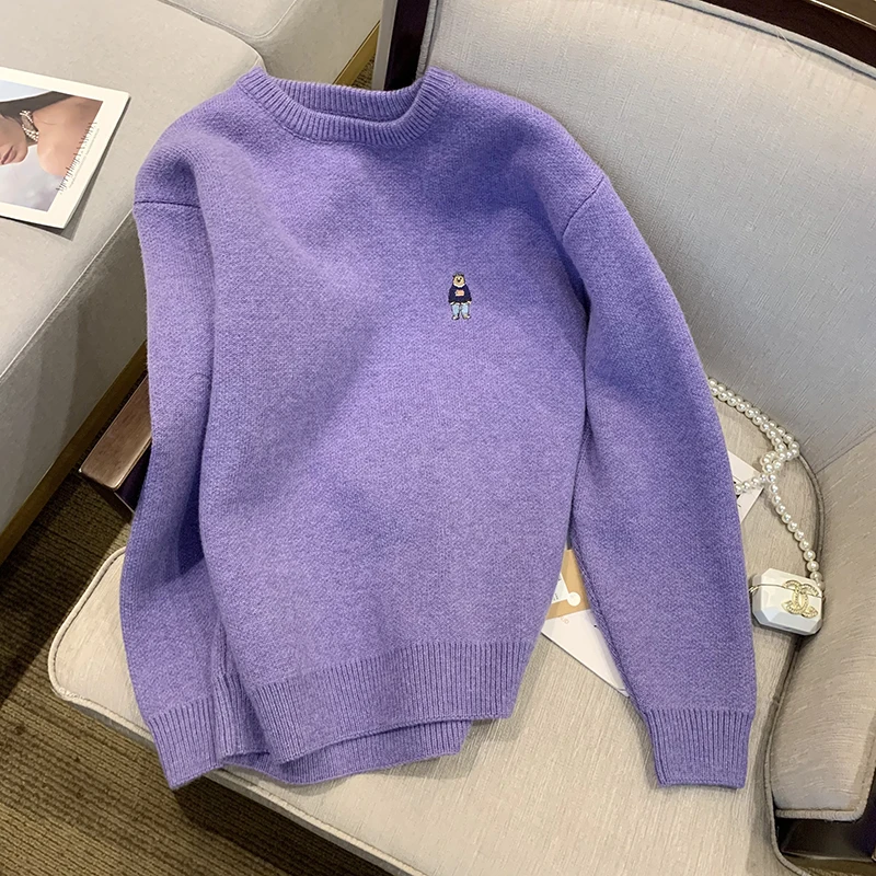 

Свитер зимняя женская одежда корейская мода ленивый пуловер чистый фиолетовый ретро с круглым вырезом вязаные топы с длинными рукавами