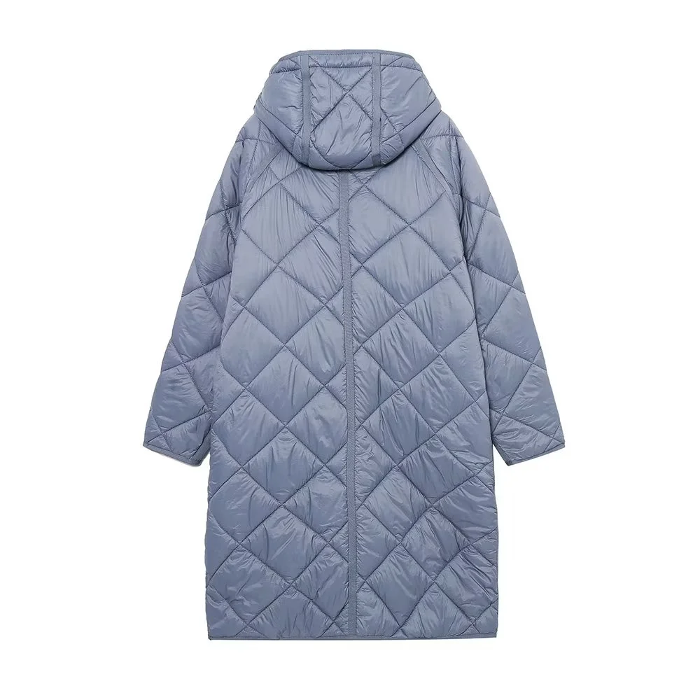 KEYANKETIAN Women's light blue long hooded cotton coat new winter casual pocket with diamond quilted check zipper parka coat