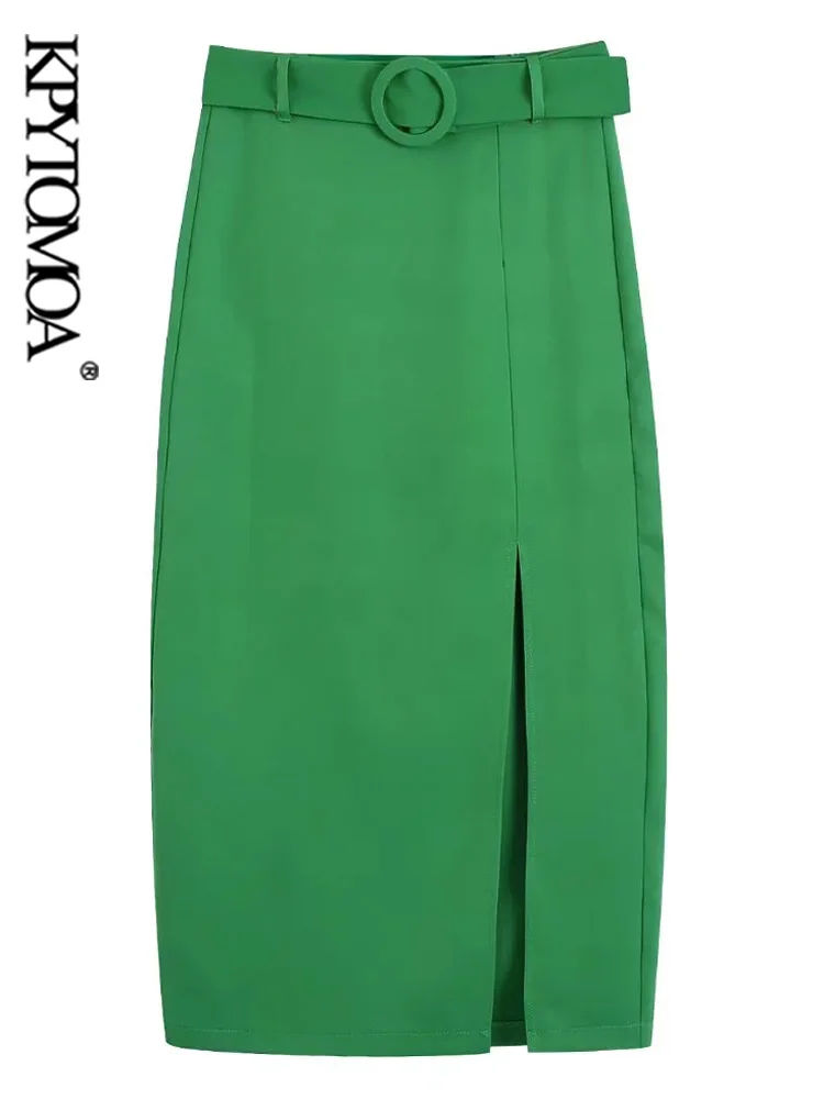 

KPYTOMOA Women Fashion With Belt Front Slit Green Midi Pencil Skirt Vintage High Waist Back Zipper Female Skirts Mujer