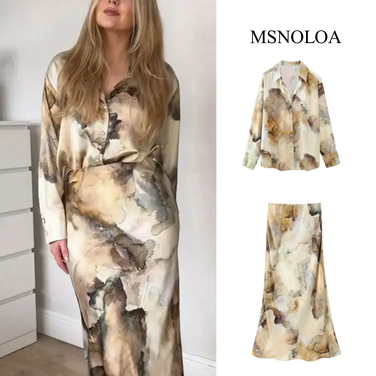 Женский модный комплект темпераментного платья с длинными рукавами и принтом