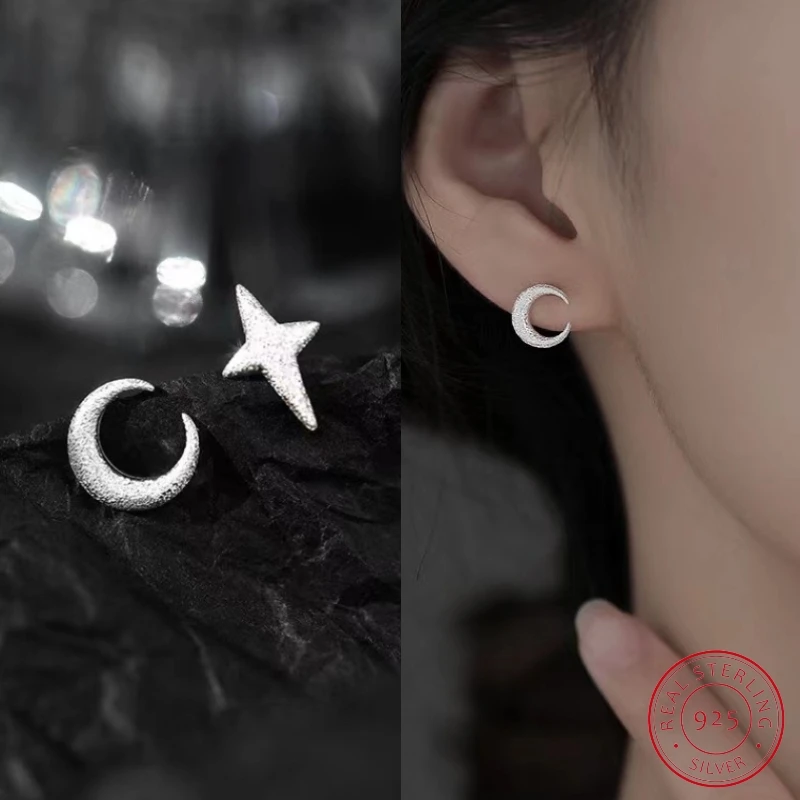 

S925 Sterling Silver Frosted star moon Stud Earrings for Women Light Luxury Sparkling New Fashion Jewelry Wedding Gift Wholesale