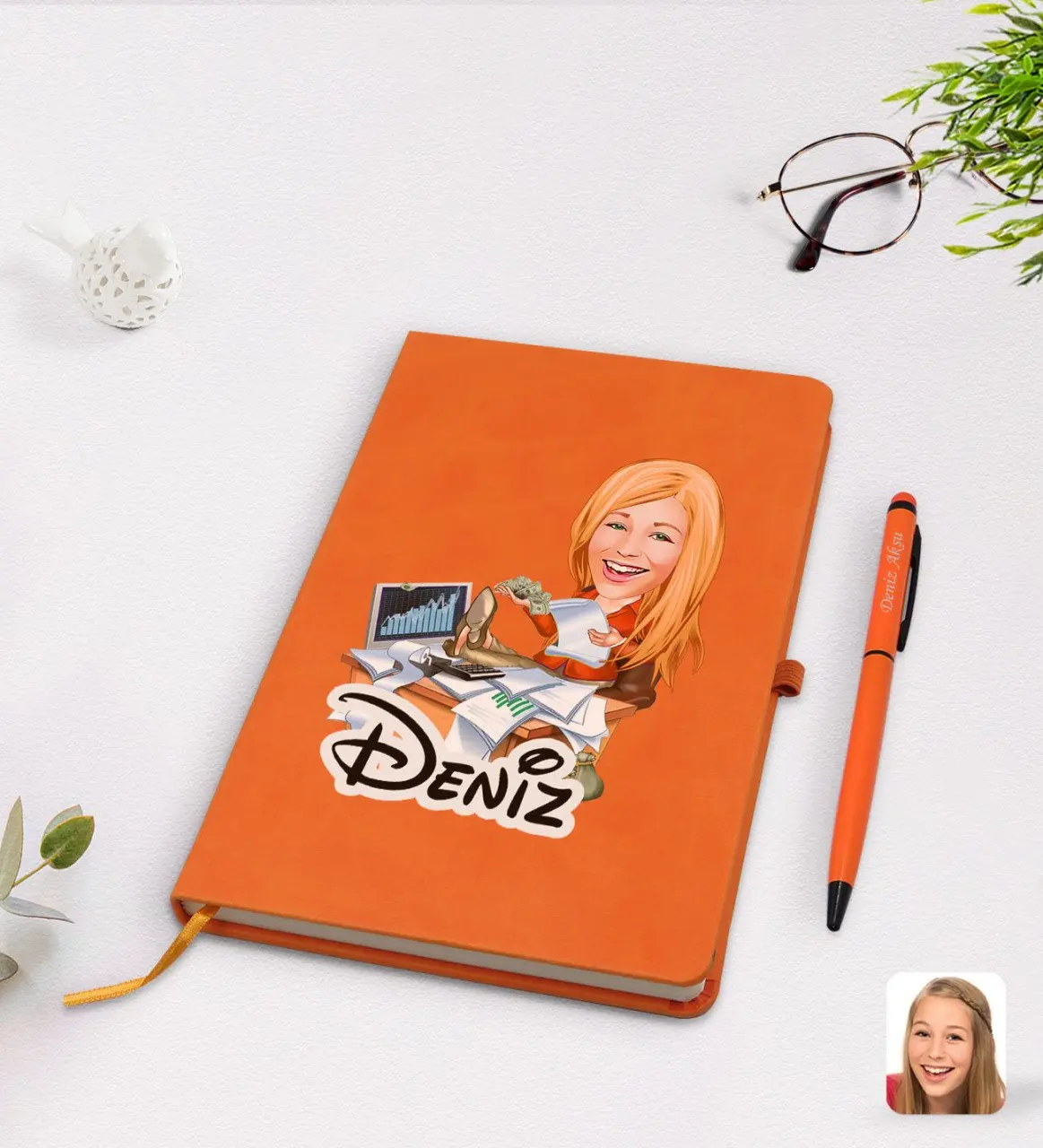 

Personalized women banker cartoon orange thermo leather notebook pen set Model 1