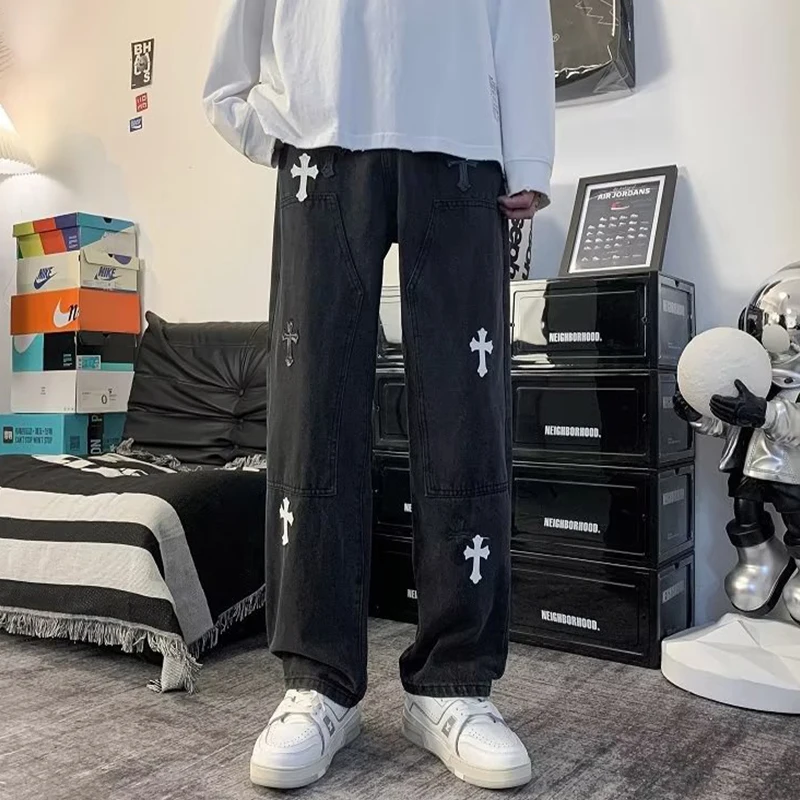 Fashion Men Wide Leg Jeans Unisex Denim Trousers Loose Straight Cut Cross Patch Cargo Pants Hip Hop Trend Men Loose Jeans Pants