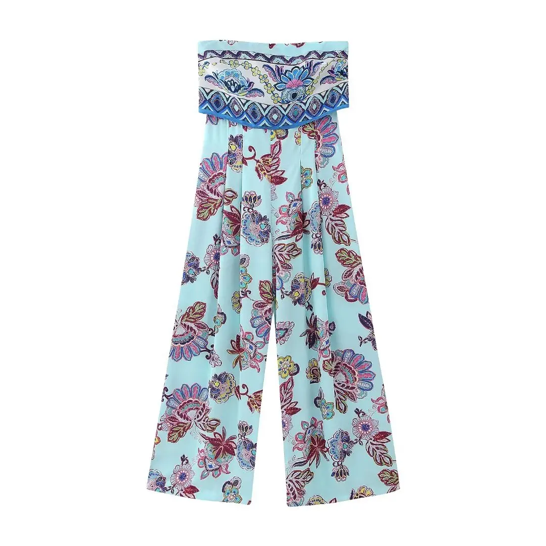 

Women 2023 New Fashion Summer Strapless Printed Jumpsuits Vintage Backless Sleeveless Zipper Casual Chic Female Playsuits Mujer